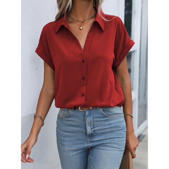 rolled sleeve button down short sleeve shirt collared rust red - Picture 1 of 2